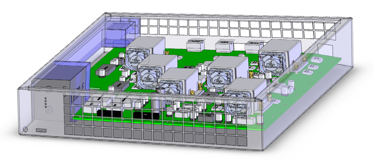 Early conceptual drawing of a 40 gigabit/second encryption processor in a "2U" electronics drawer